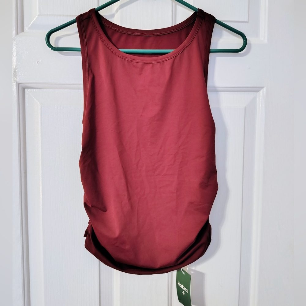 HALARA Burgundy Ruched Side Tank Top Crew Neck